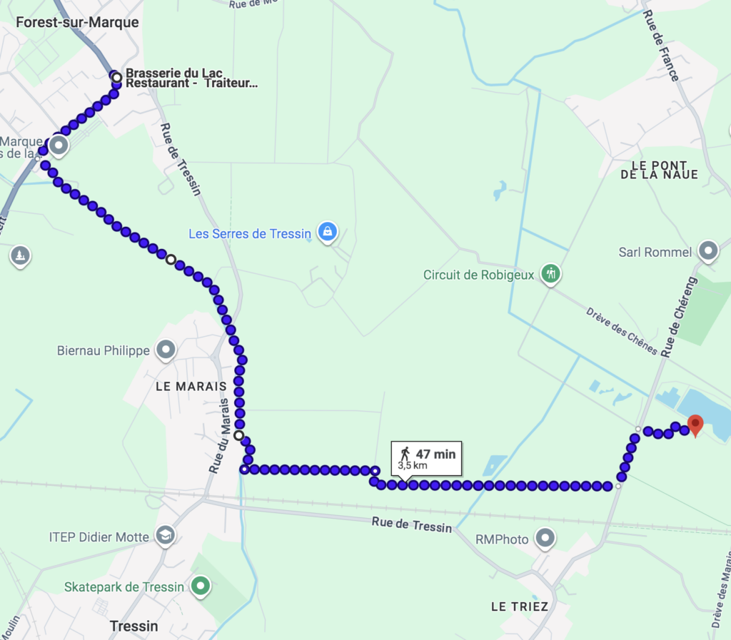 Carte de la randonnée entre La Brasserie du Lac à Forest-sur-Marque et le Lac des 6 Bonniers à Willems : 7 km l'aller retour